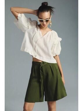 Anthropologie, Self Contrast Smocked Linen Blouse, White, Puff Sleeve XL
